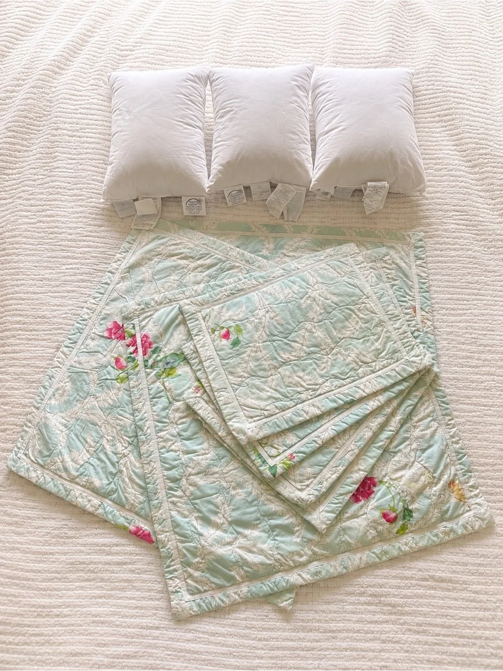 Yves Delorme Set Quilted Floral Parrot Pillow Sham Euro Boudoir French Cottage